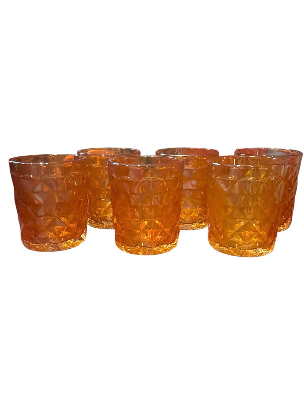 Vtg. 6 Carnival amber diamond cut pattern with iridescent finish glass tumblers